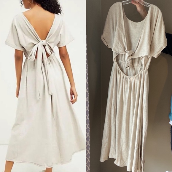 Petal and Pup Linen Blend Natural Beige Midi Tie Back Open Back Dress - Picture 1 of 9